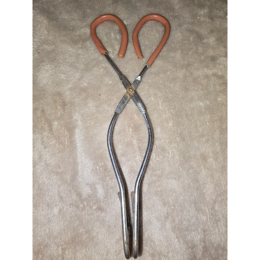 Vintage Scissor Tongs Metal Kitchen Utility Tool Orange Rubber Handles Taiwan
